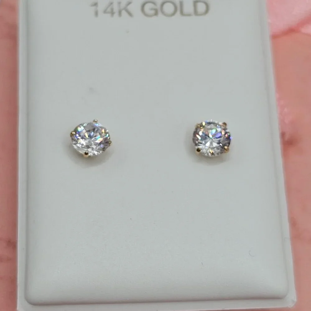 14KT Gold Clear Round CZ 4mm Stud Earrings